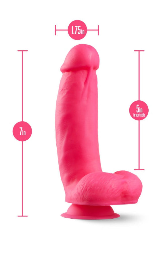 Pink silicone dildo with dimensional measurements showing 7 inch total length, 5 inch insertable, 1.75 inch width