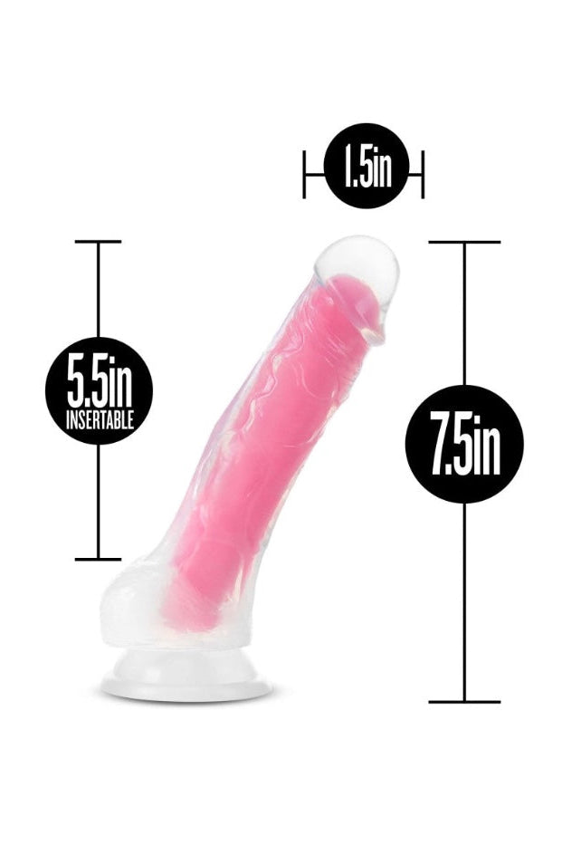 Size diagram of pink dual density dildo showing 7.5 inch total length, 5.5 inch insertable, and 1.5 inch width