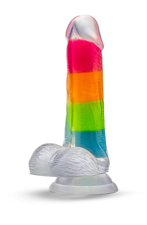 Side view of rainbow striped dildo showing purple, pink, orange, green, and blue color bands
