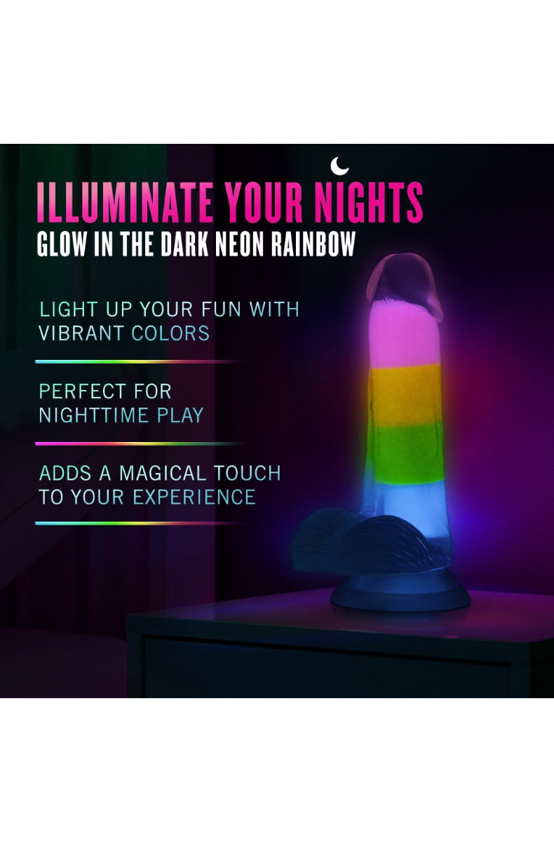 Marketing graphic showing illuminated rainbow dildo with text about glow-in-the-dark features