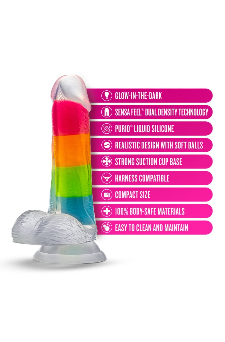 Product features infographic showing rainbow dildo with pink bullet points listing specifications