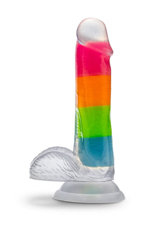 Side view of rainbow dildo on white background showing color gradient from clear to blue