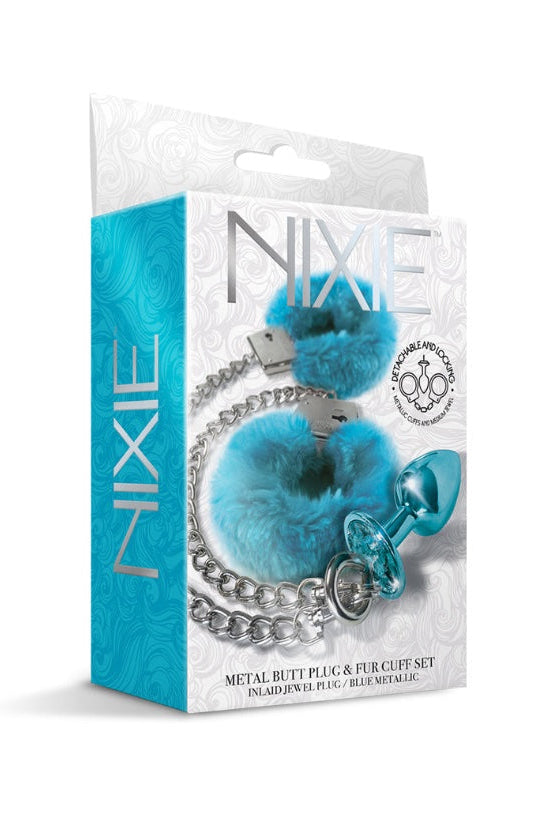 Product packaging showing NIXE blue fur cuffs and metallic blue butt plug set in white and teal box