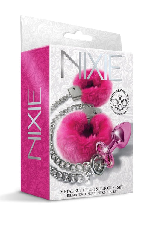 Product packaging showing pink and white NIXE box with metal butt plug and fur cuff set