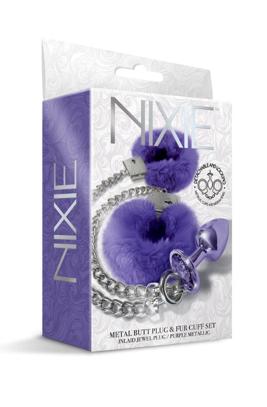 Product packaging showing purple and silver NIXE branding with metal butt plug and fur cuffs set