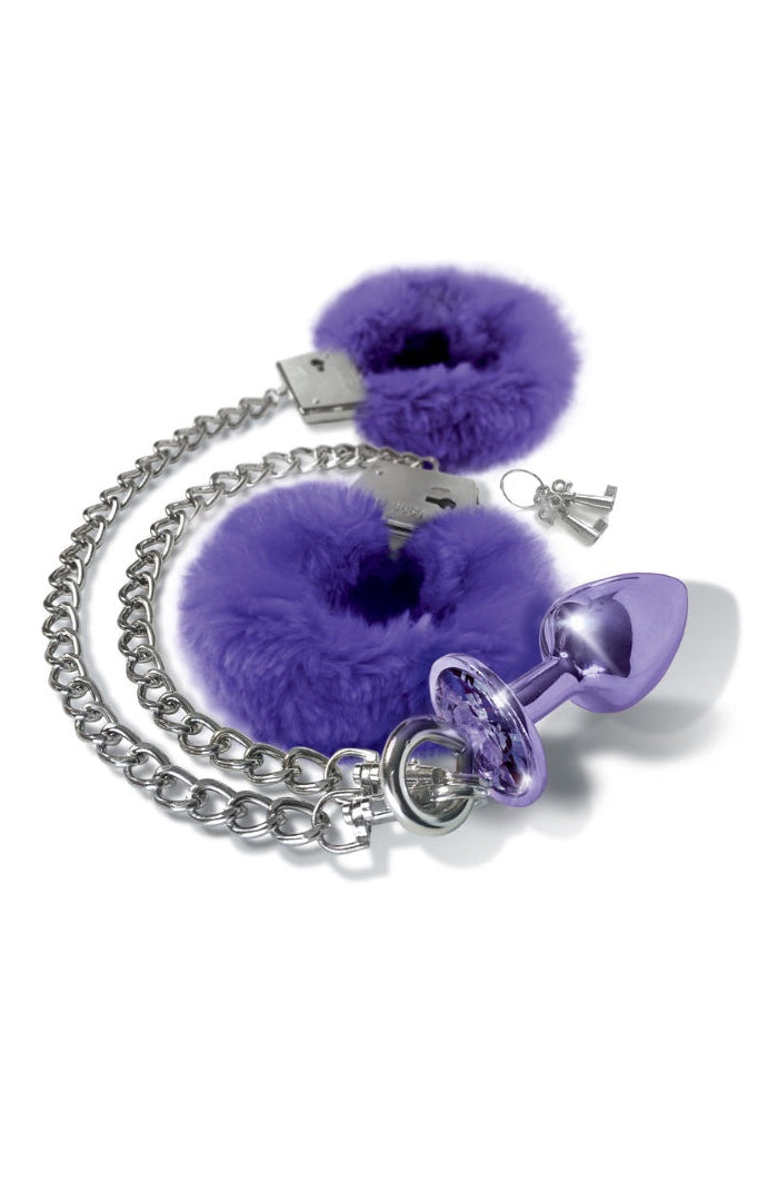 Complete set showing purple metal butt plug, silver chain, and purple fur-lined handcuffs laid flat