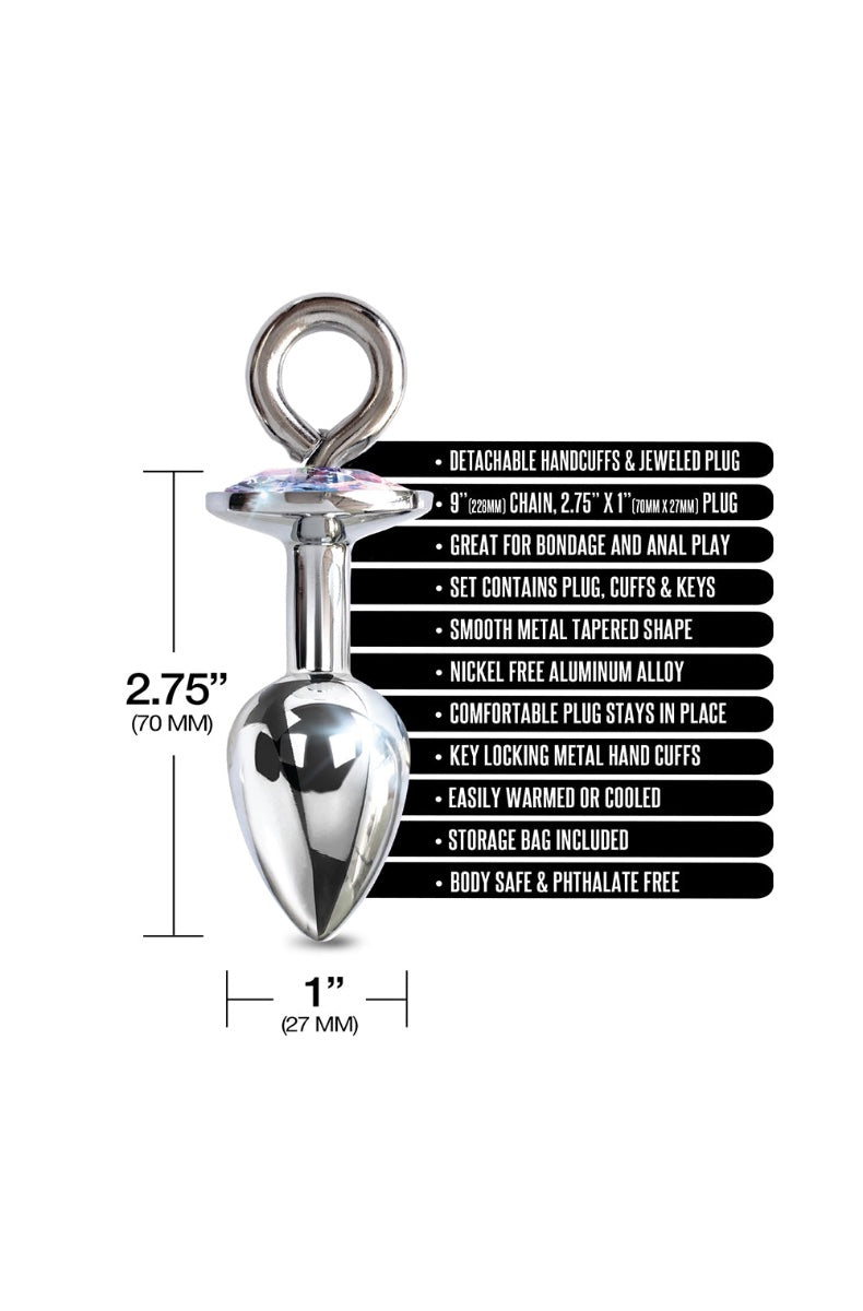 Product diagram showing 2.75-inch chrome butt plug with specs and features listed on black labels