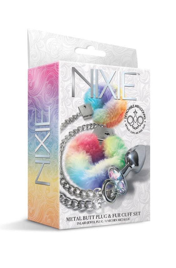 Product packaging showing NIXE brand rainbow gradient box with cuff and plug set visible through window