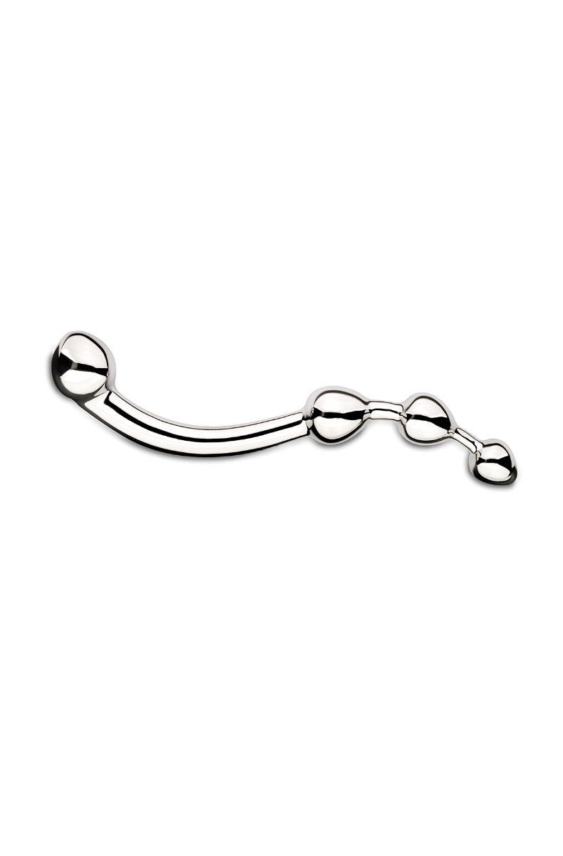 Front view of curved stainless steel dildo with bulbous ends and smooth shaft