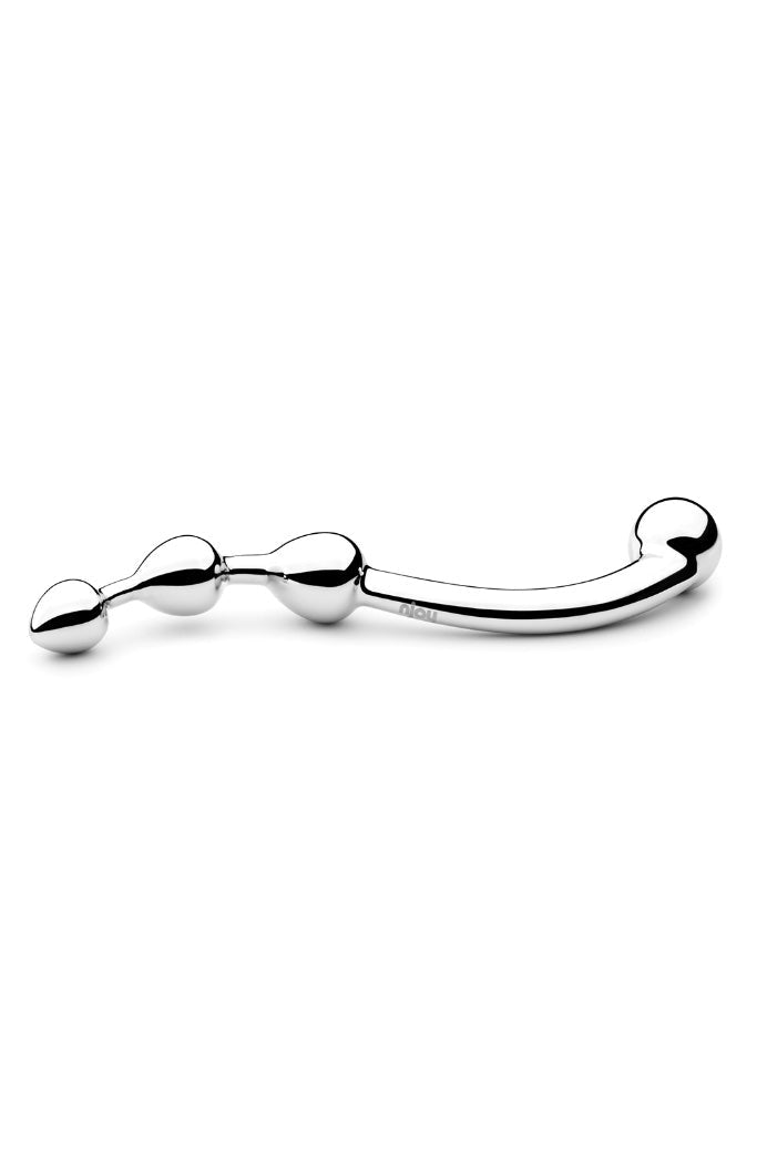 Side view of curved stainless steel dildo showing njoy branding and mirror finish