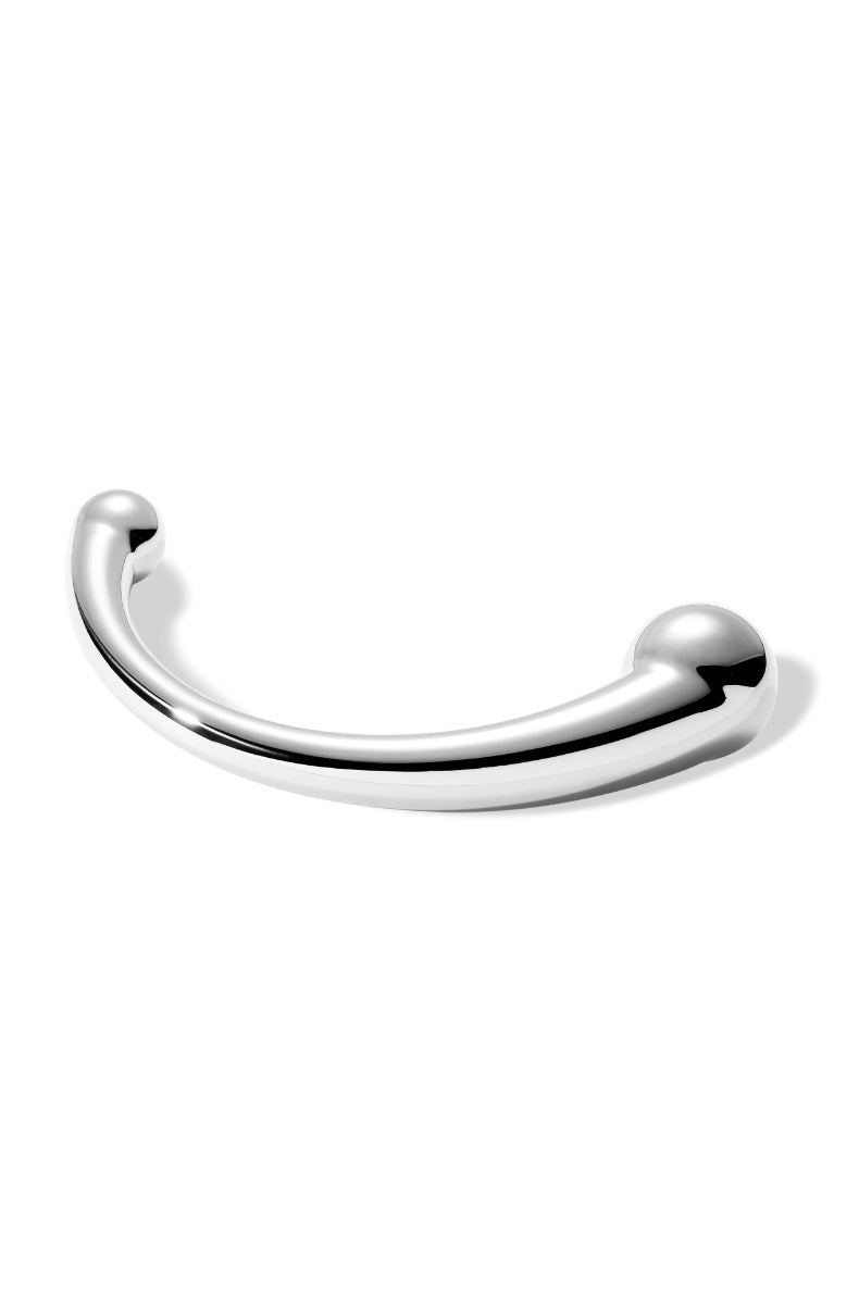 Front view of curved steel wand with bulbous ends, mirror finish