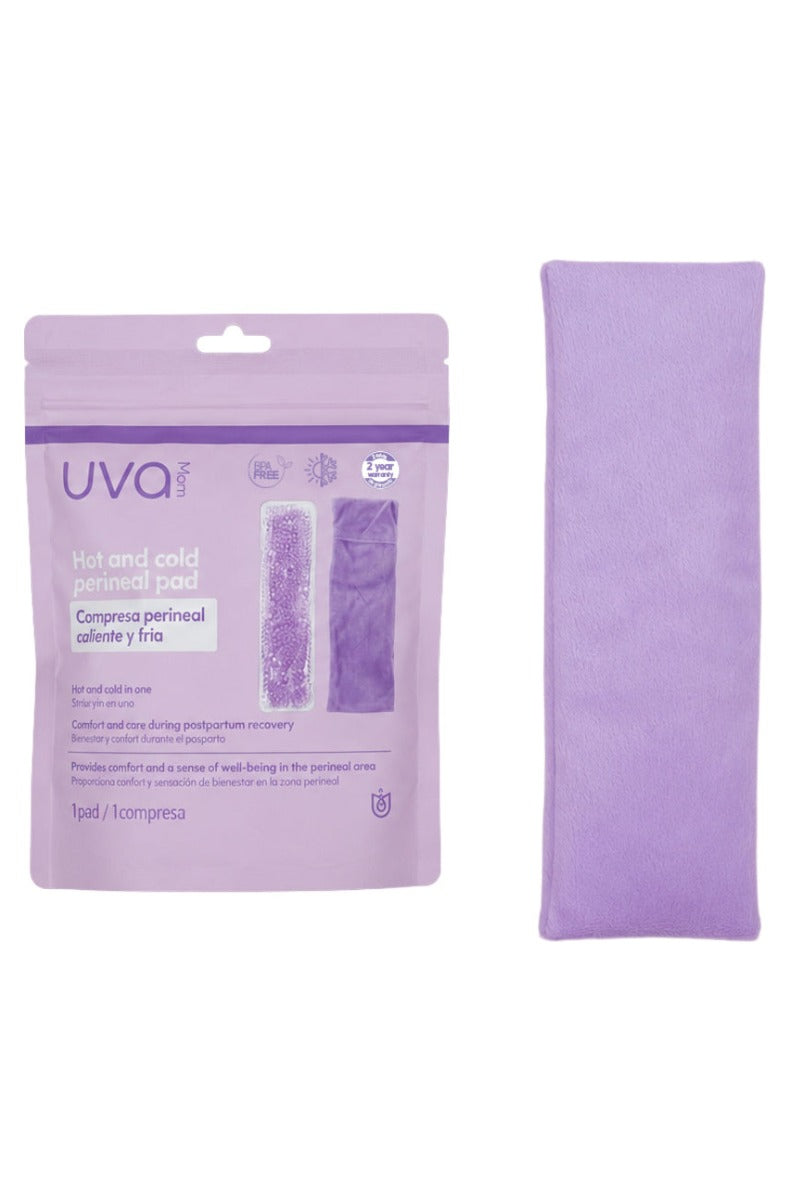 Long narrow perineal gel pad in its plush cover shown upright next to the package