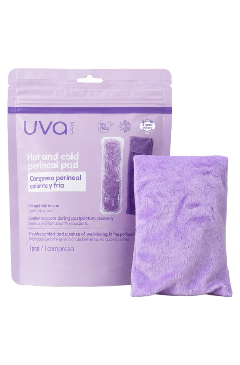 Purple hot and cold perineal gel pad in its plush cover beside the resealable pouch it ships in