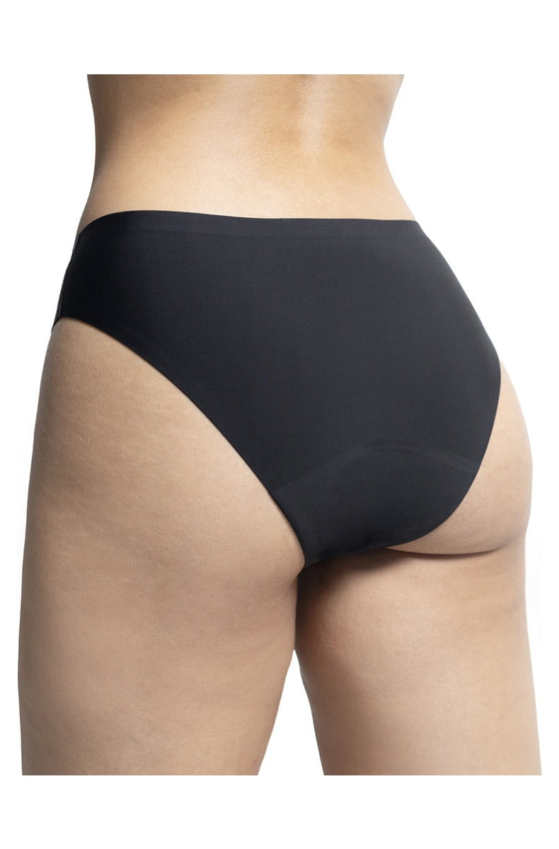 Black seamless period underwear shown from the back on a model, full bikini coverage