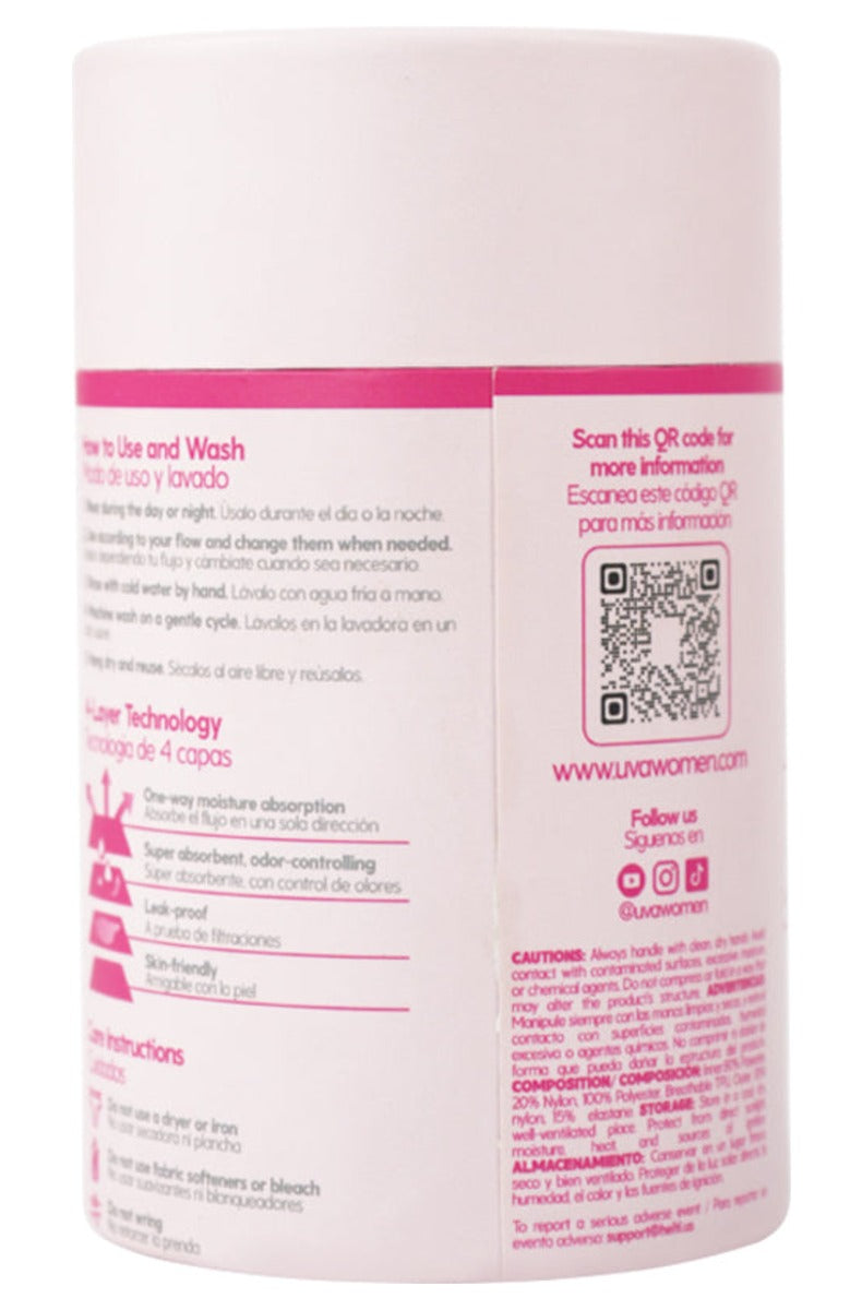 Back of the period underwear tube showing wash instructions, care symbols and the four layer technology diagram