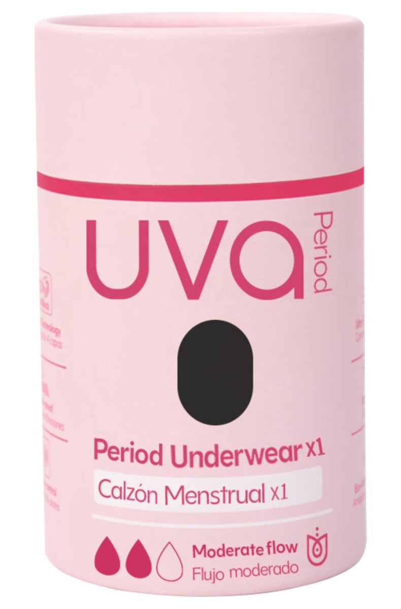 Pink cylindrical period underwear tube marked moderate flow, two of three droplets filled, with a black color swatch