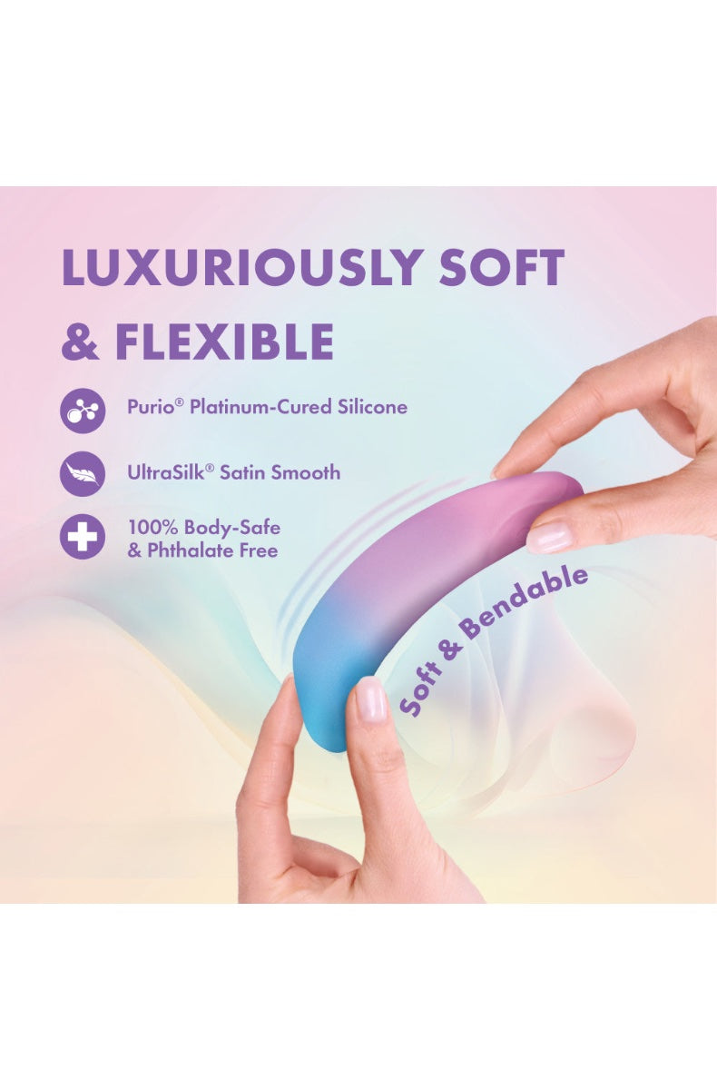 Front view of curved blue-to-pink gradient silicone vibrator with precision tip