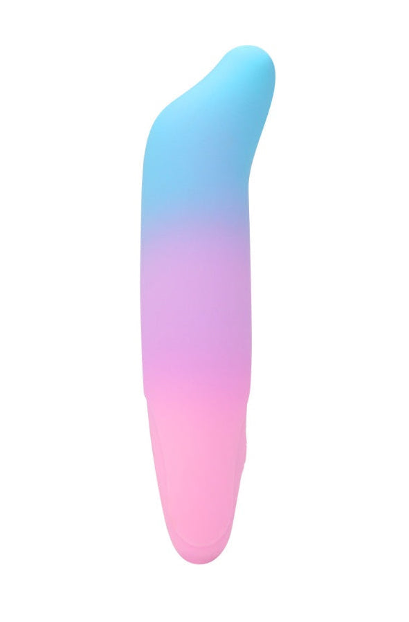 Hands demonstrating bendable flexibility of blue-to-pink gradient vibrator