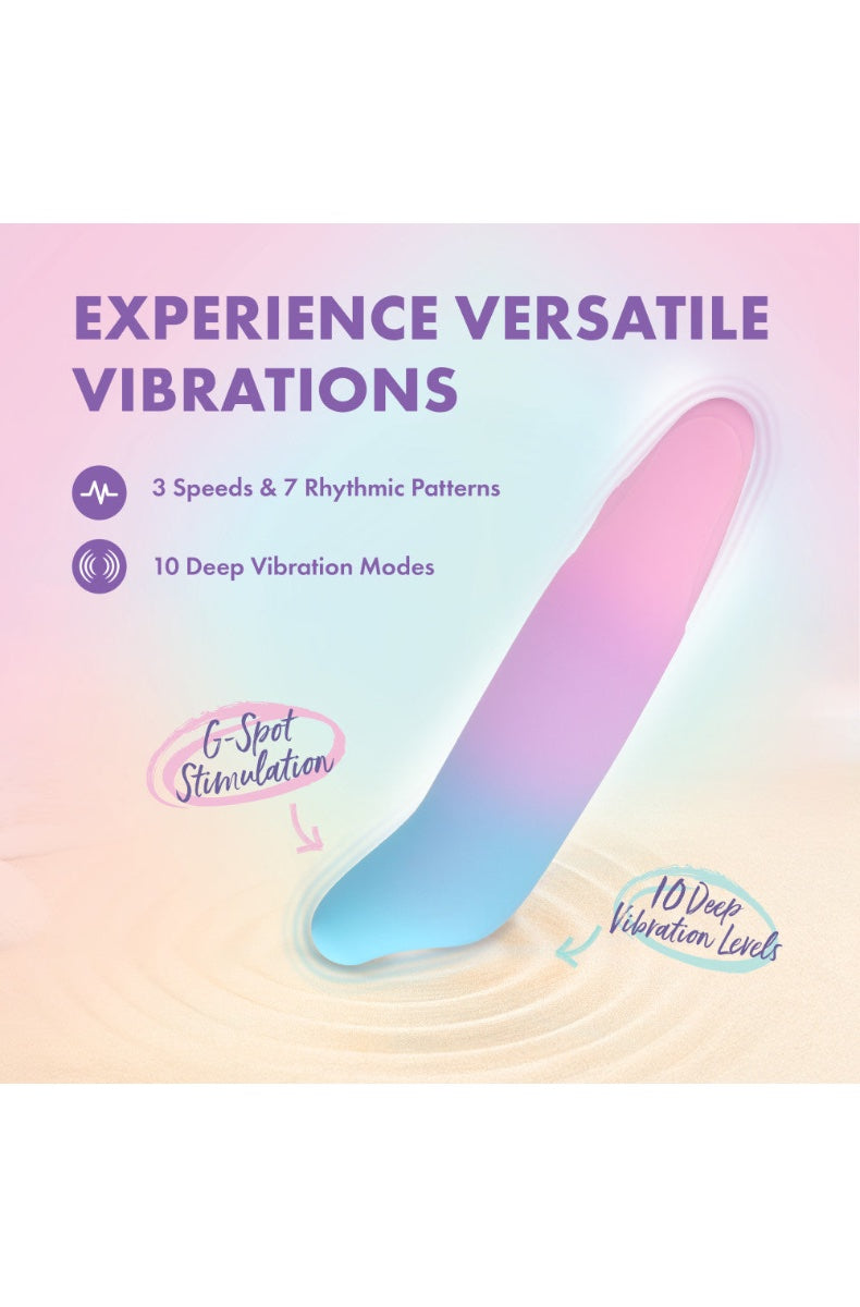 Side view of vibrator on colorful gradient background showing G-spot stimulation capability