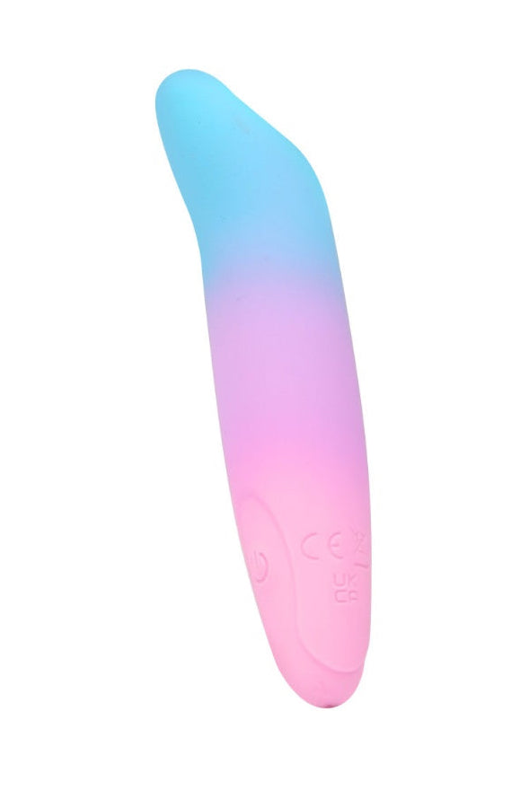 Side angle view of curved vibrator showing bendable silicone construction