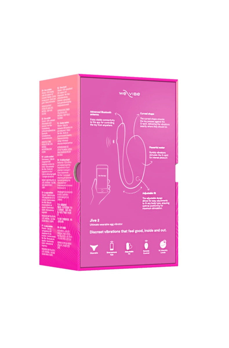 Pink We-Vibe Jive 2 retail box showing product diagram and app connectivity features