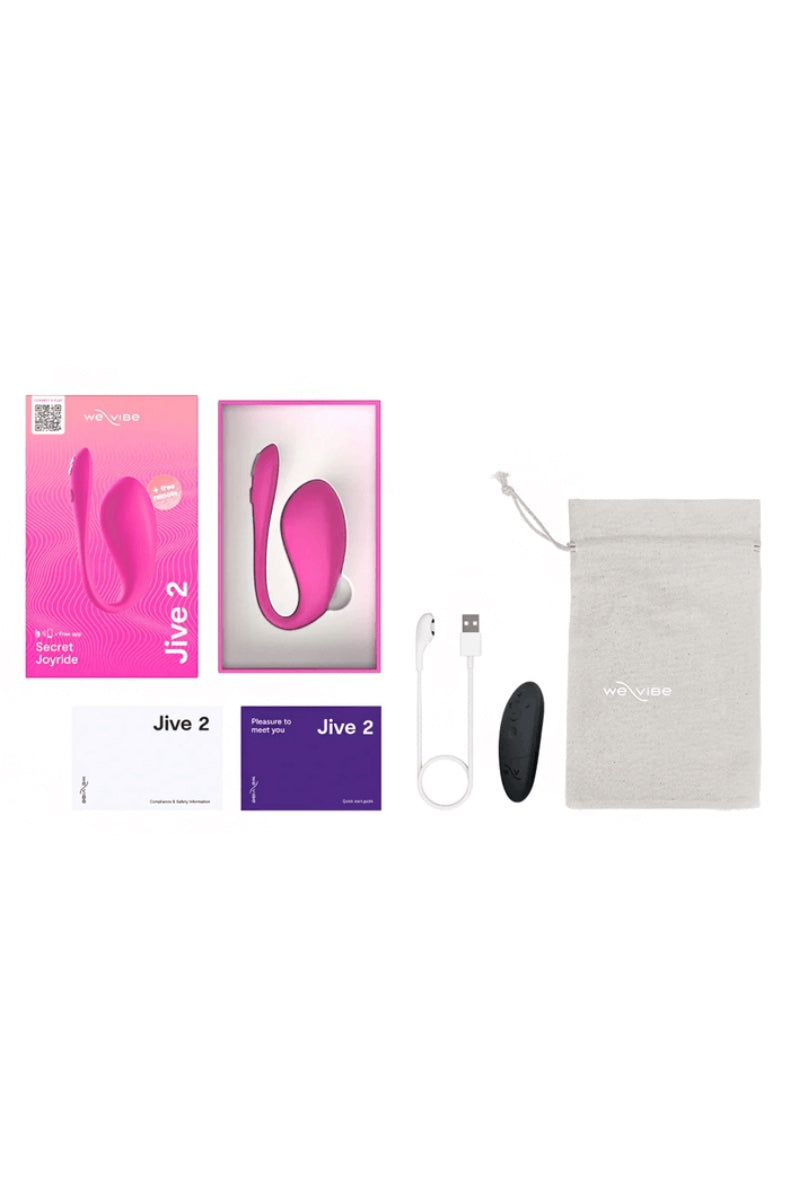 Product contents including pink vibrator, black remote, charging cable, storage pouch and instruction cards