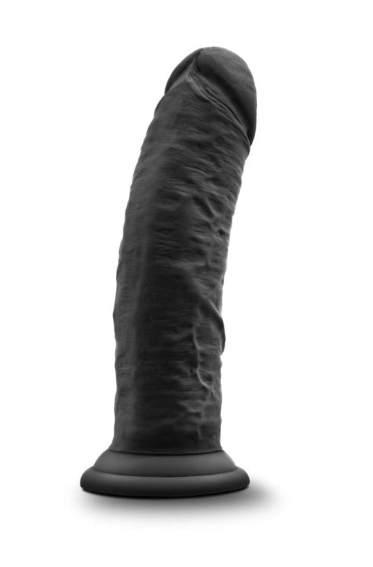 Black curved dildo positioned horizontally on white background showing full profile