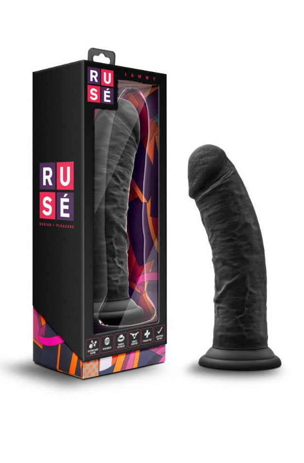 Black dildo with colorful geometric packaging box showing RUSE branding