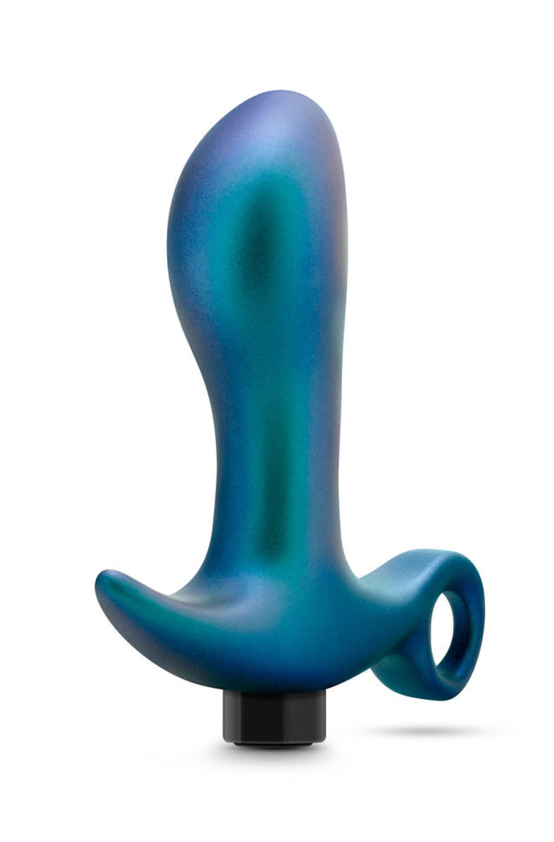 Iridescent blue silicone prostate plug shown from the side, with finger-ring loop and removable black bullet, on white.