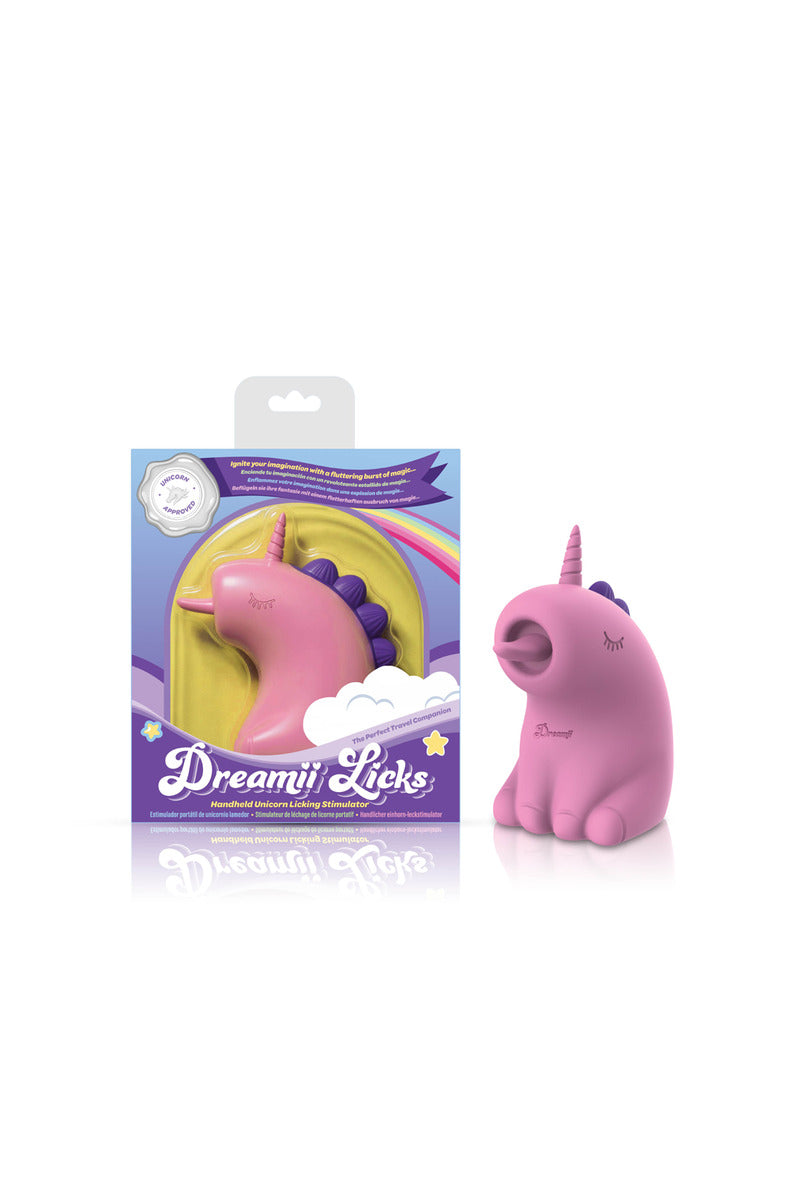 Viben Dreamii Licks pink unicorn stimulator beside its retail box