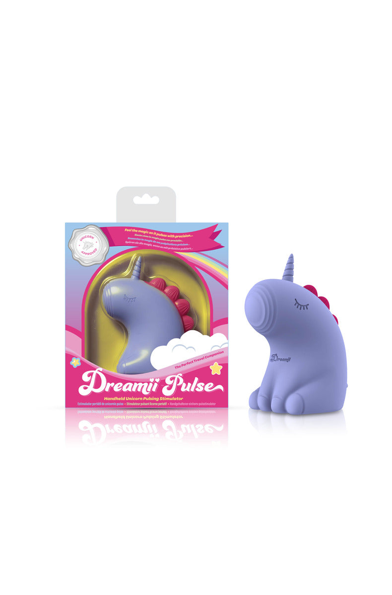 Viben Dreamii Pulse purple unicorn stimulator beside its retail box