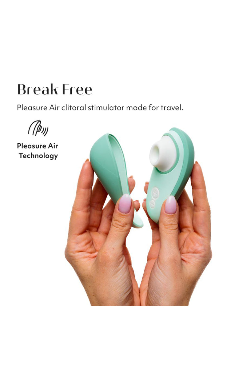 Side view of sage Womanizer Liberty 2 with closed hygienic travel case in matching sage finish.