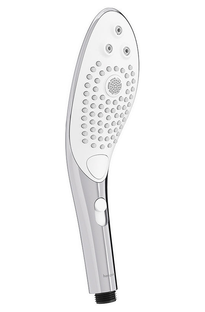 Womanizer Wave chrome shower head, angled side view showing the mode button and slider