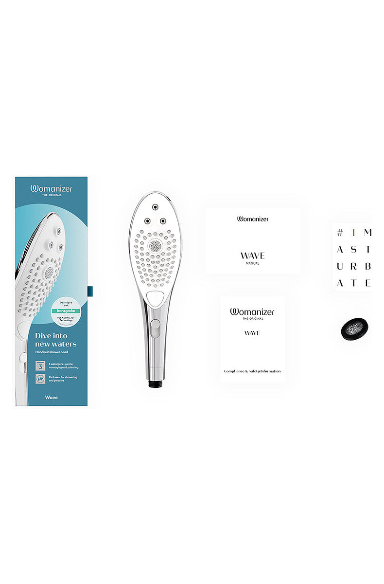 Womanizer Wave box contents: chrome shower head, retail box and user guides