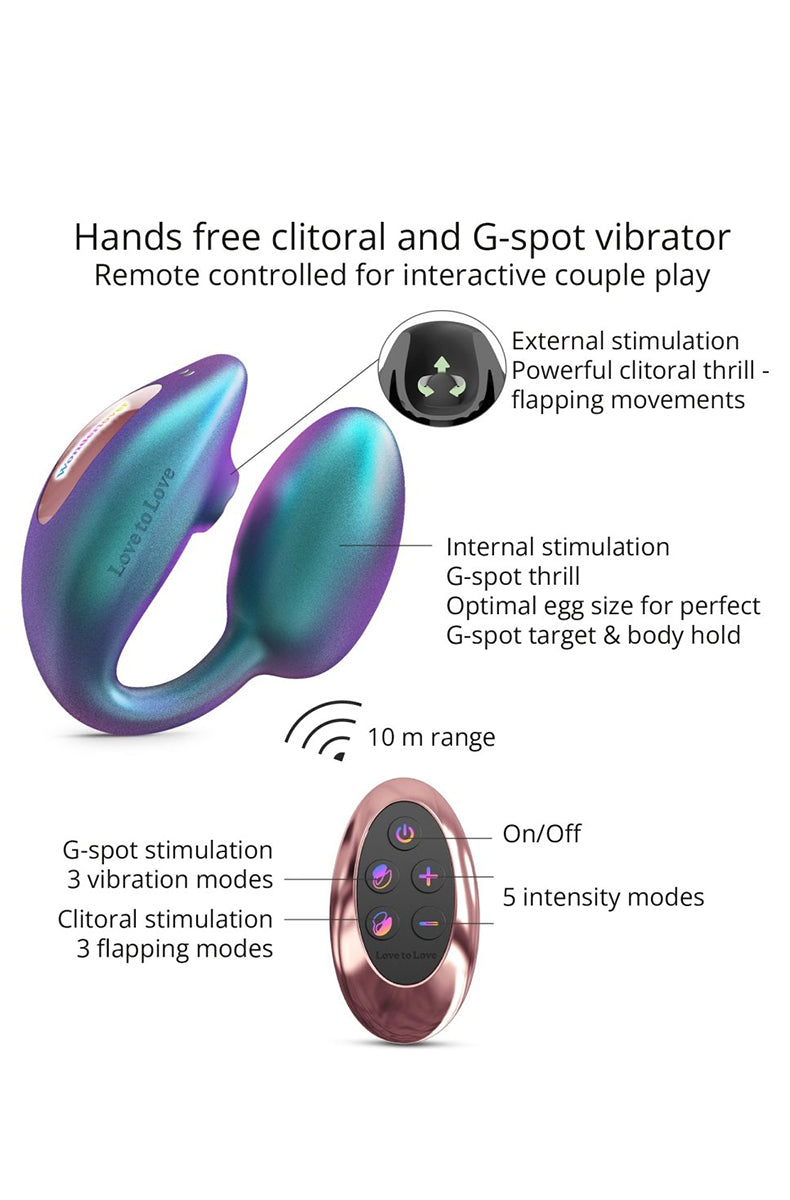 Wonderlover couples vibrator from another angle showing the iridescent finish on the silicone body.