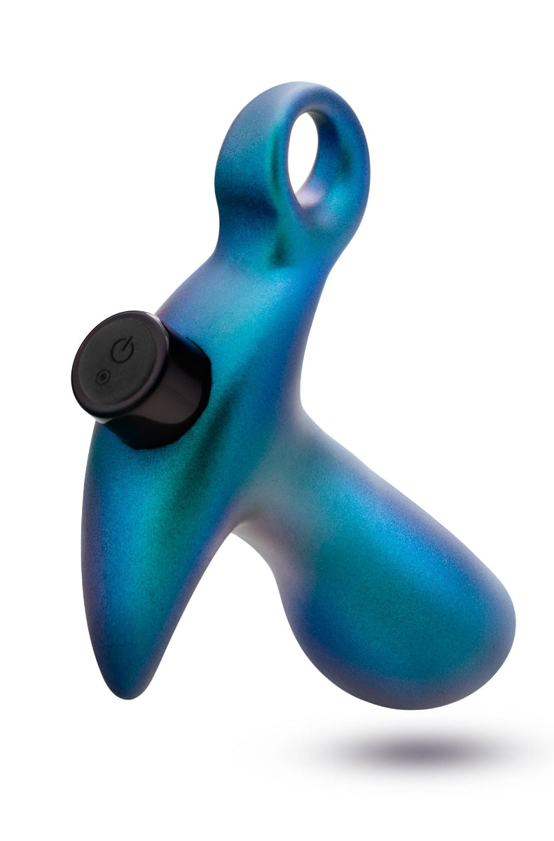 Close angled view of the blue prostate plug showing the removable black bullet control with a power button.