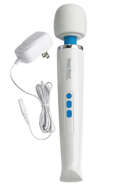 Vibratex Magic Wand Original Rechargeable in white shown with its included charging adapter and 7-foot cord.