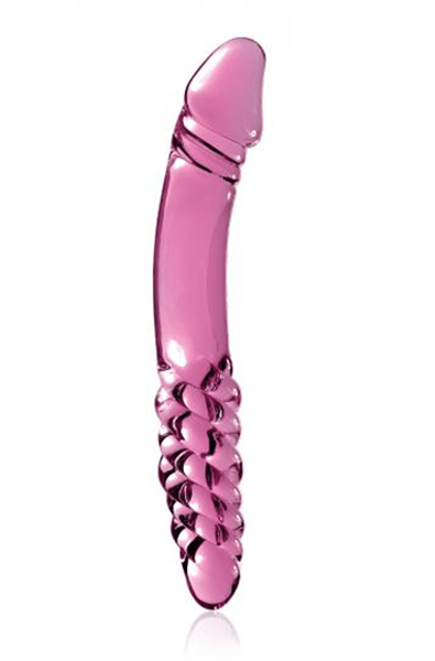 Hand-blown pink glass double-ended dildo, curved phallic tip on one end, beaded grape-cluster shaft on the other.