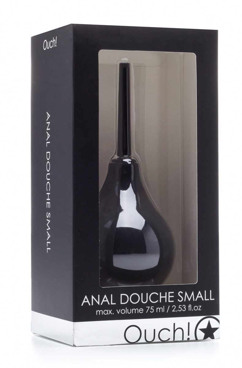 Glossy black small anal douche with smooth nozzle in retail packaging, 75ml capacity, by Shots Ouch.
