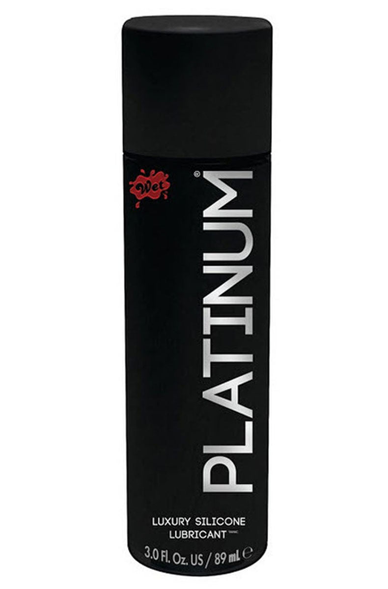 Front view of Wet Platinum Luxury Silicone Lubricant bottle in black with silver Platinum text, 3.0 fl oz / 89 ml.