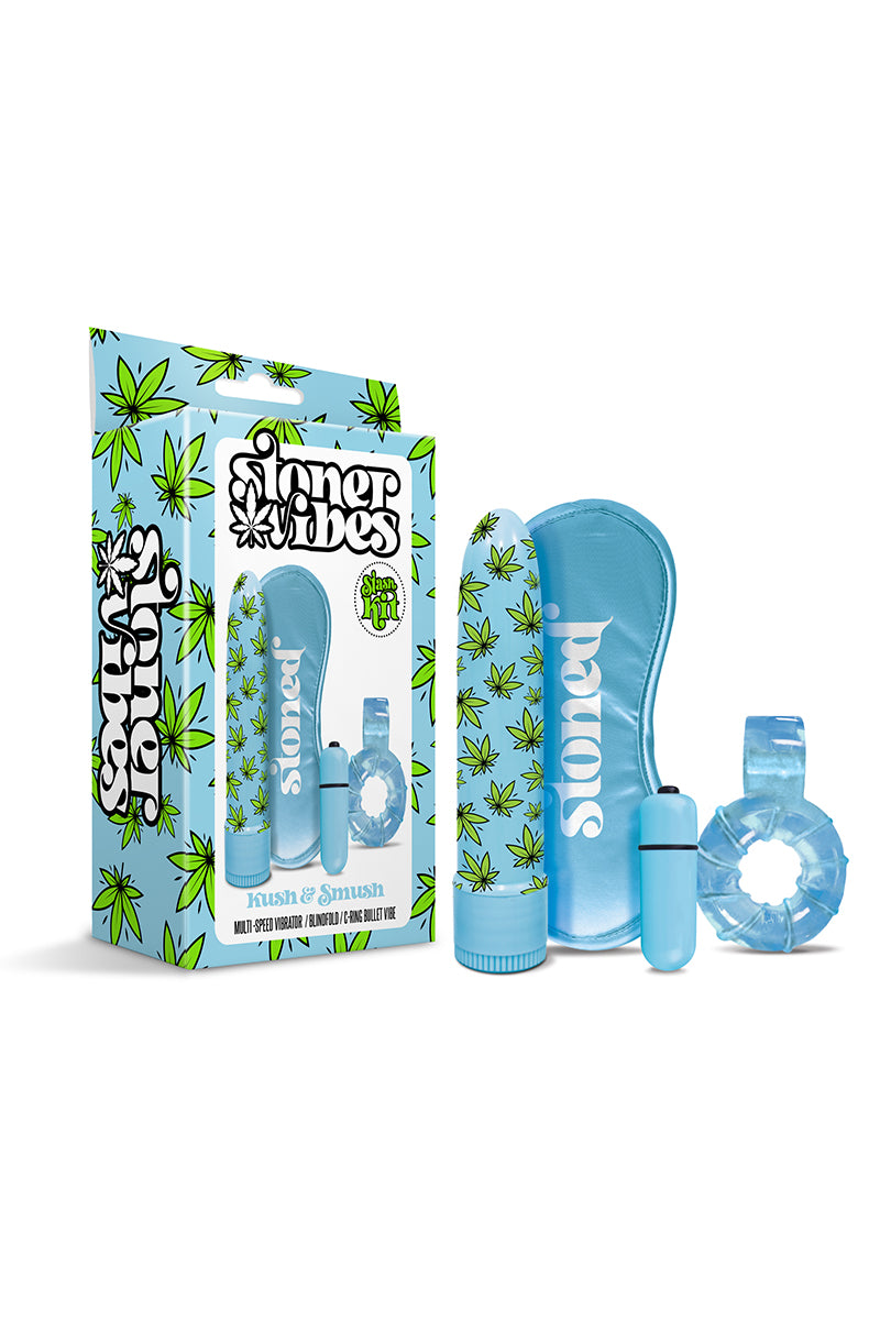 Full Stoner Vibes blue cock ring kit laid flat.