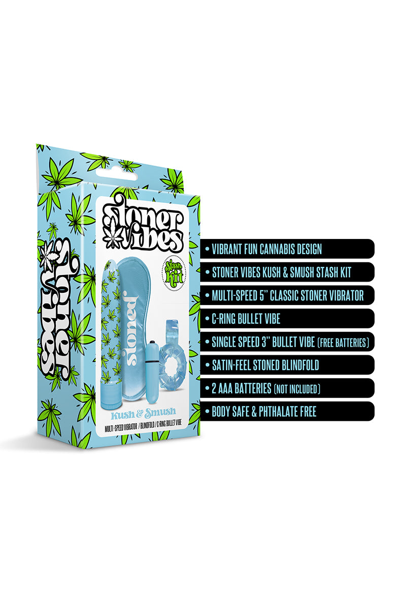 5 inch blue cannabis-leaf print classic vibrator on a white background.