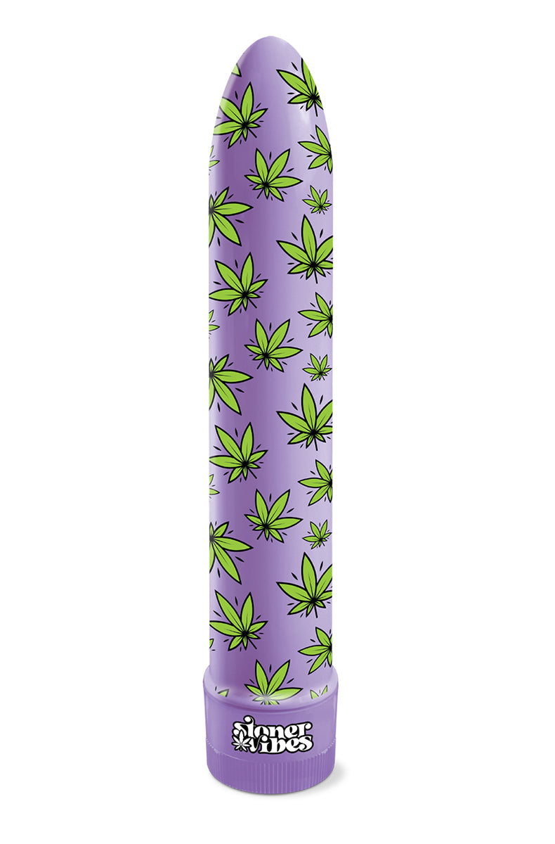 Purple 8 inch classic vibrator with green cannabis-leaf print and Stoner Vibes branded twist-dial base.
