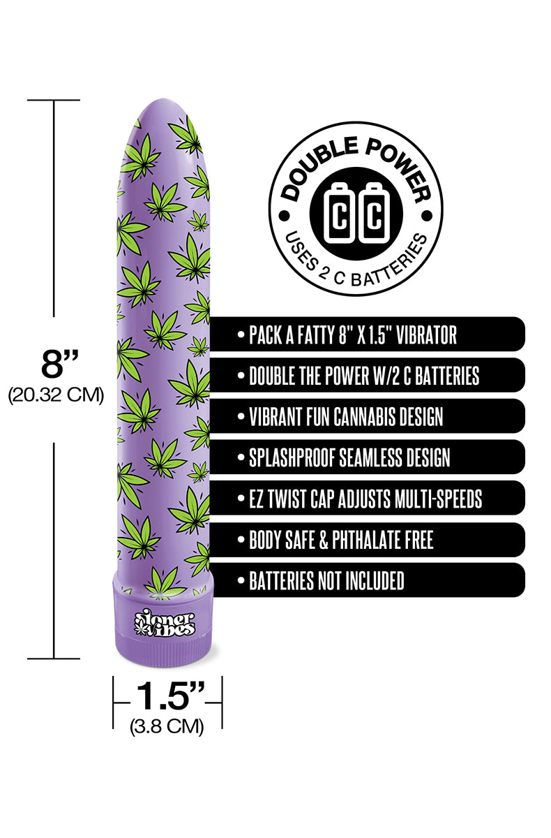Close-up of green cannabis-leaf print on a glossy purple vibrator body.