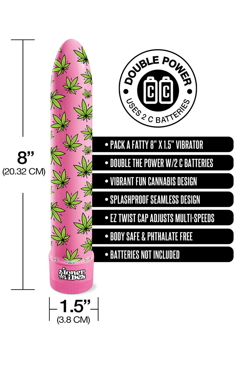 Close-up of green cannabis-leaf print on a glossy hot-pink vibrator body.