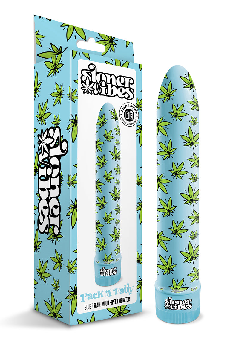 Stoner Vibes Pack a Fatty Blue Dream vibrator standing upright.