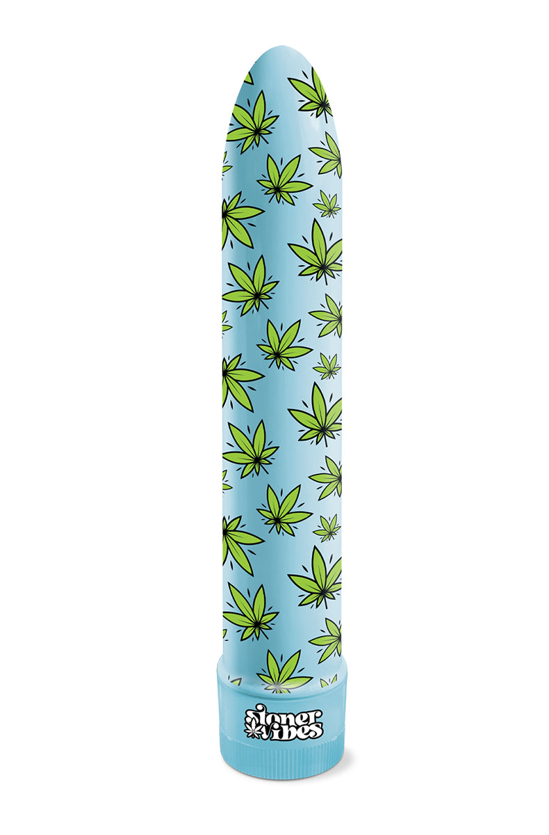 Light blue 8 inch classic vibrator with green cannabis-leaf print and Stoner Vibes branded twist-dial base.