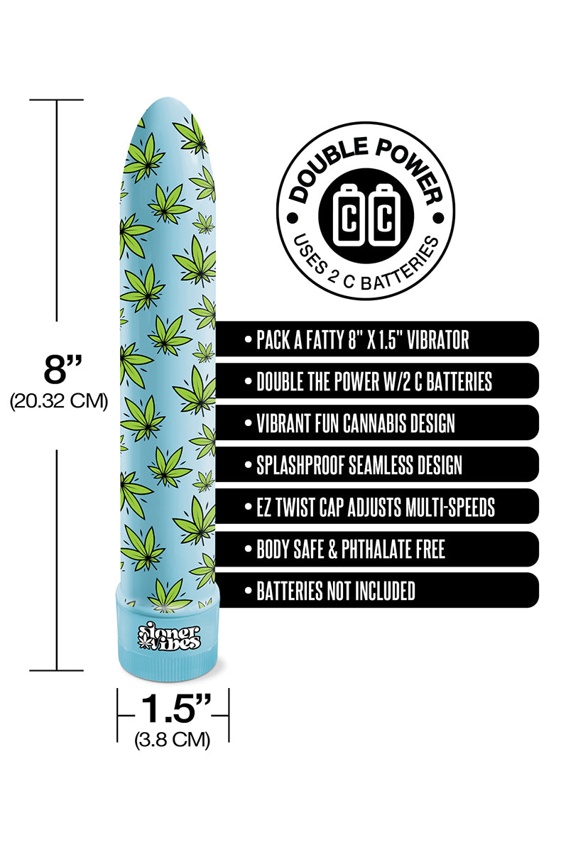 Close-up of green cannabis-leaf print on a glossy light-blue vibrator body.