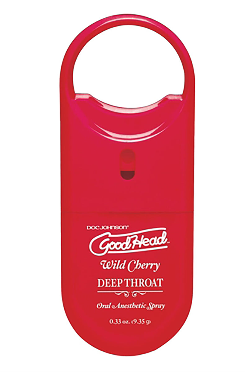 Front view of Doc Johnson GoodHead Deep Throat To-Go Wild Cherry oral spray in a red pocket case, 0.33 oz / 9.35 g.