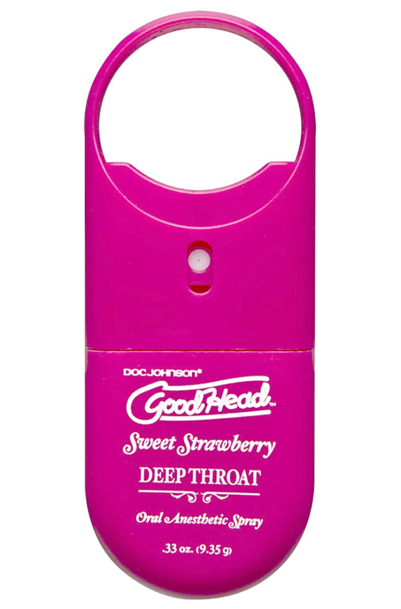 Front view of Doc Johnson GoodHead Deep Throat To-Go Sweet Strawberry oral spray in a hot pink pocket case, 0.33 oz / 9.35 g.